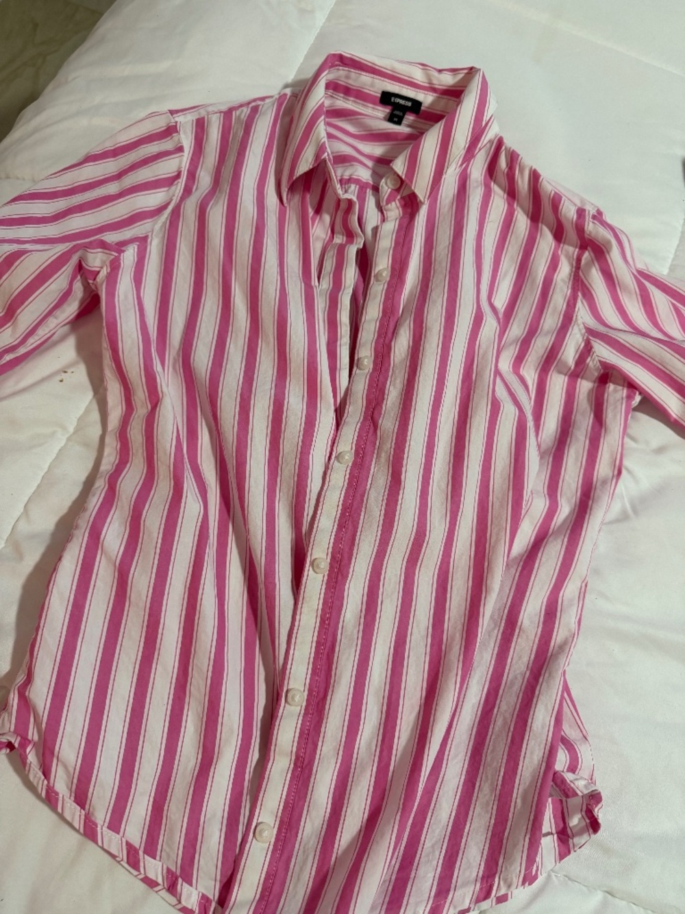 Express stretch cotton poplin striped cropped shirt in pink and white